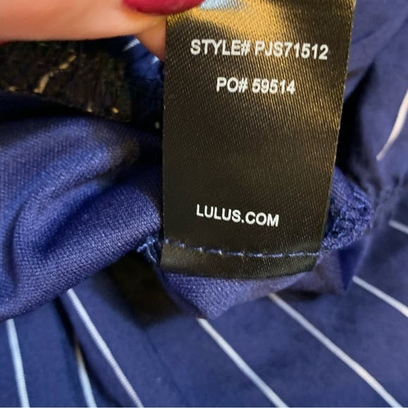 NWT Lulus Ruffle and Flow Navy Striped Shorts Backless Romper - Picture 8 of 11